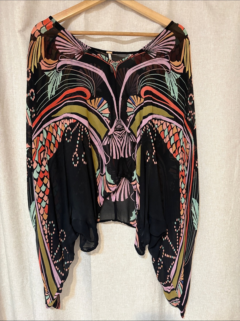 Free People Sheer Batwing Kimono Top Multicolor Boho Abstract Print